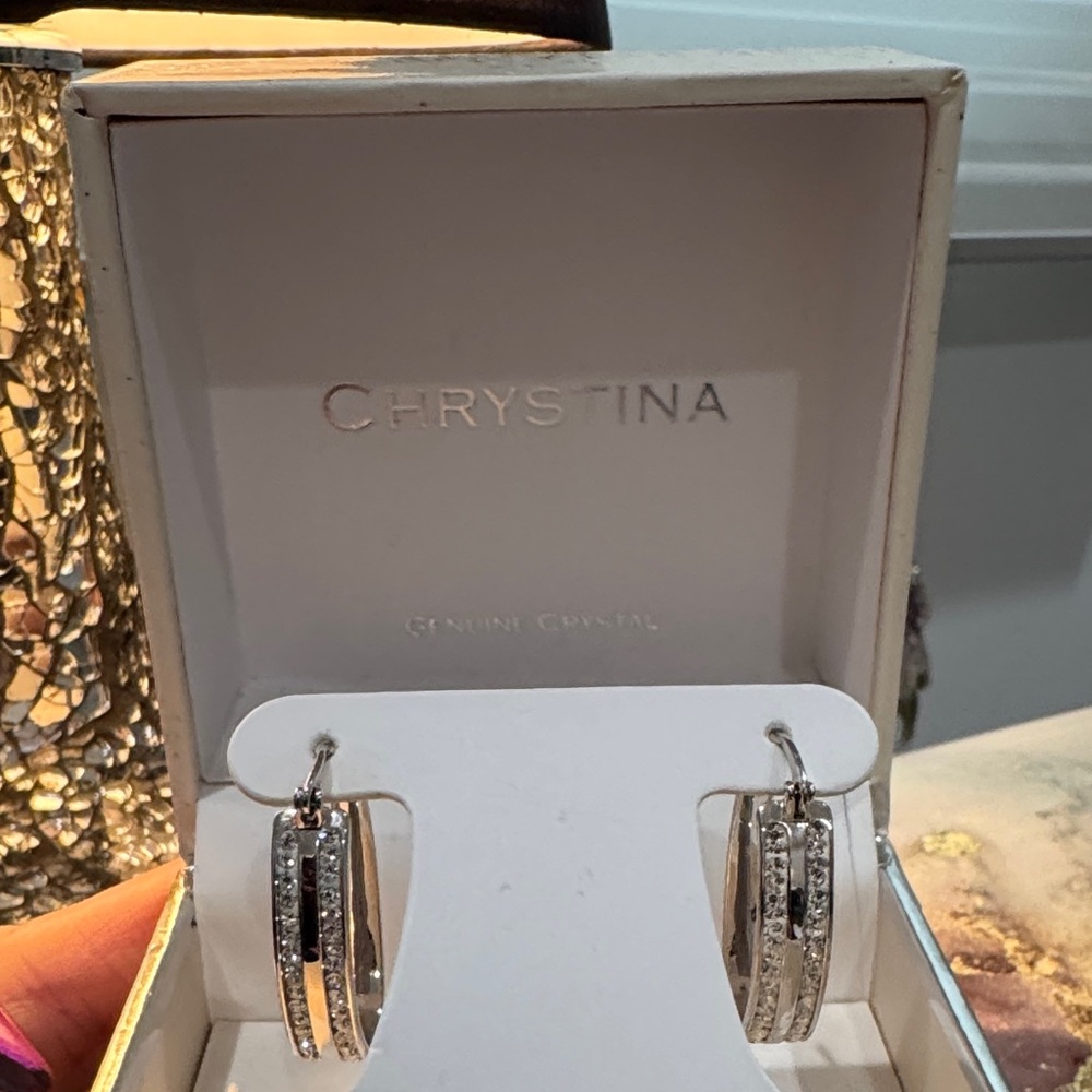 CHRYSTINA Genuine Crystal Silver Hoop Earrings
